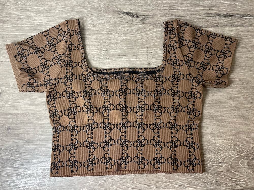GUESS Women's Size S Brown Logo Print Ribbed Knit Crop Top Square Neck 4G Print